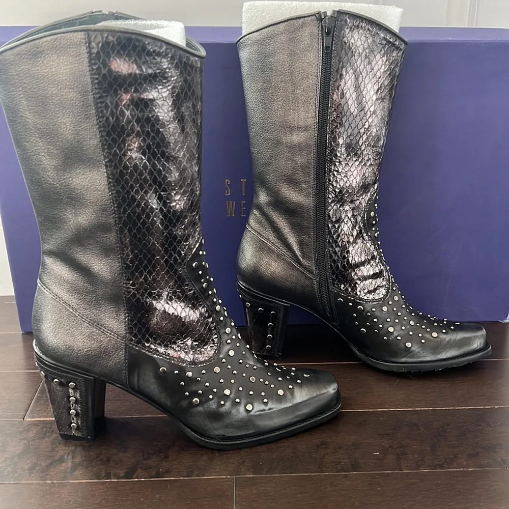 NIB Stuart Weitzman “Hillbilly” pewter metallic croc Leather studded Cowboy Boot - Picture 5 of 16